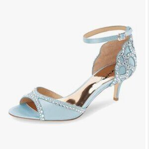 XYD Sky Blue Peep Toe D'Orsay Kitten Heel Rhinestone Studs Ankle Strap Sandal